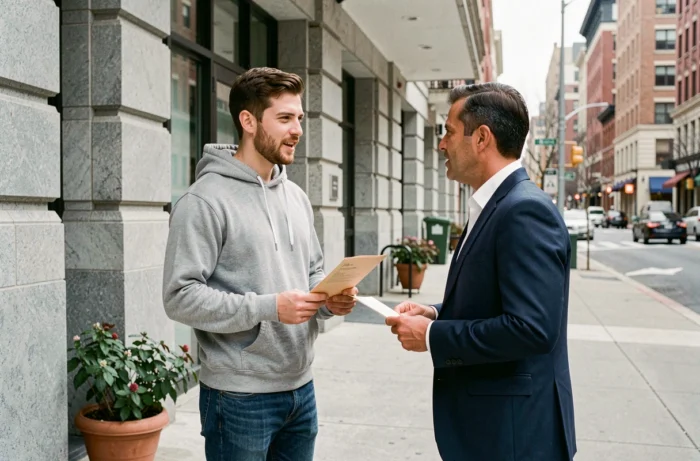 Jeune homme discutant avec un propriétaire devant l'entrée d'un immeuble résidentiel en tenant un dossier de location, illustrant les démarches pour louer sans bulletin de salaire