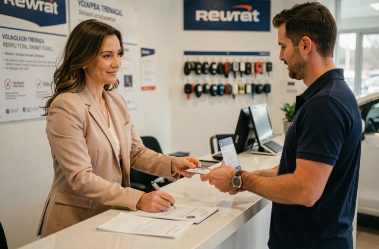Femme signant un contrat de location de voiture au comptoir d'une agence, remettant son permis de conduire à un agent