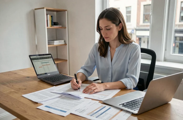 Femme consultant des documents de location et relevés bancaires sur un bureau en bois, cherchant des alternatives à la fiche de paie pour louer un appartement