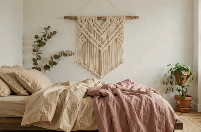 Macramé en coton naturel accroché au-dessus d'un lit plateforme avec literie en lin dans une chambre à coucher bohème et organique