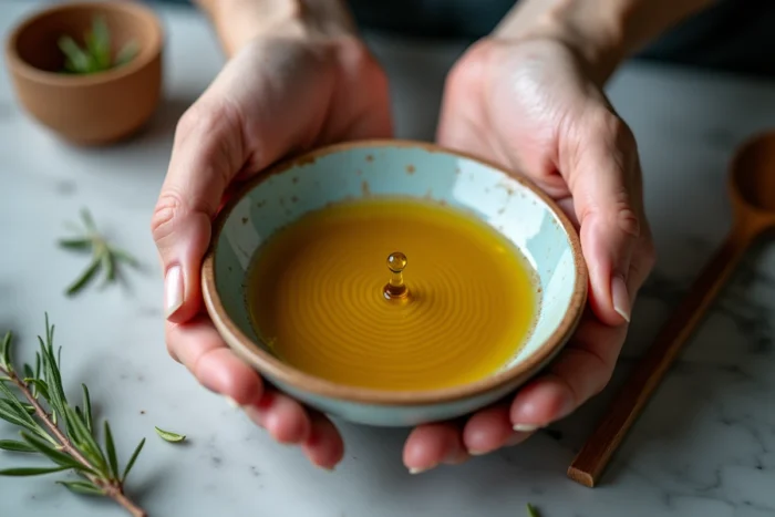 Mains versant de l'huile d'olive dans un bol en céramique pour un rituel de protection contre le mauvais œil