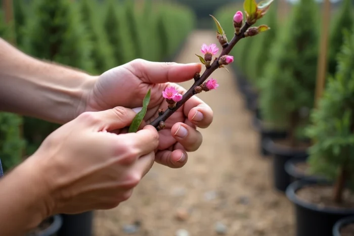 Mains de jardinier examinant une branche d'arbuste à fleurs roses dans une pépinière extérieure avec pots et graviers en arrière-plan
