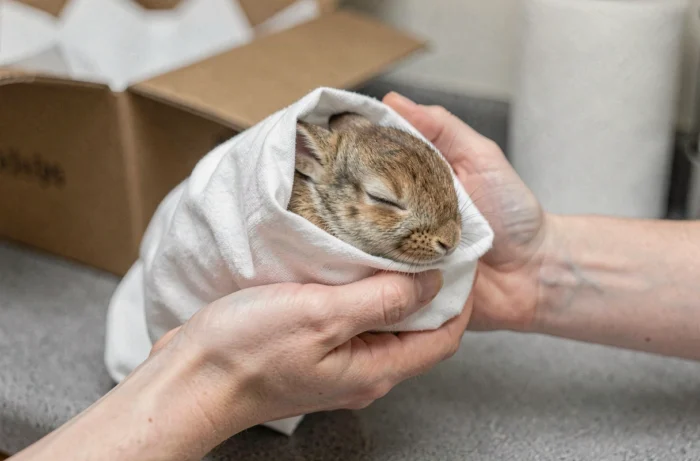 Mains adultes tenant délicatement un bébé lapin sauvage enveloppé dans un tissu blanc lors d'un sauvetage