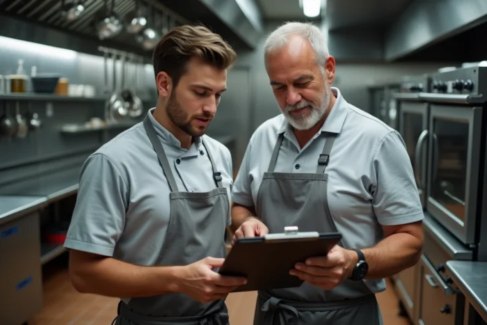 Maître d'apprentissage expliquant les consignes à un jeune apprenti en cuisine professionnelle, illustrant la supervision et les responsabilités en alternance
