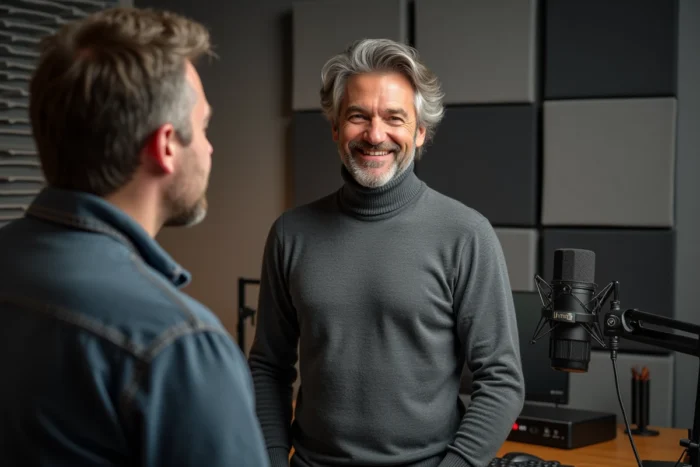 Grand chanteur français aux cheveux poivrés en studio radio aux côtés d'un invité plus petit, mettant en valeur la différence de taille entre célébrités françaises