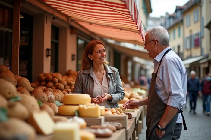 Marché local animé de Valbréon avec des habitants et des producteurs régionaux vendant des produits frais