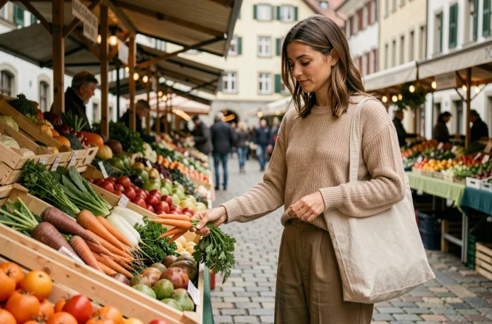 Femme faisant ses courses au marché de producteurs locaux en Suisse avec un sac en toile réutilisable