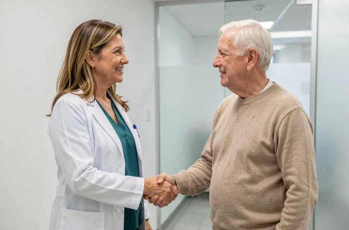 Médecin en blouse blanche serrant la main d'un patient âgé dans un couloir de clinique, symbolisant l'accès aux soins et la protection santé solidaire