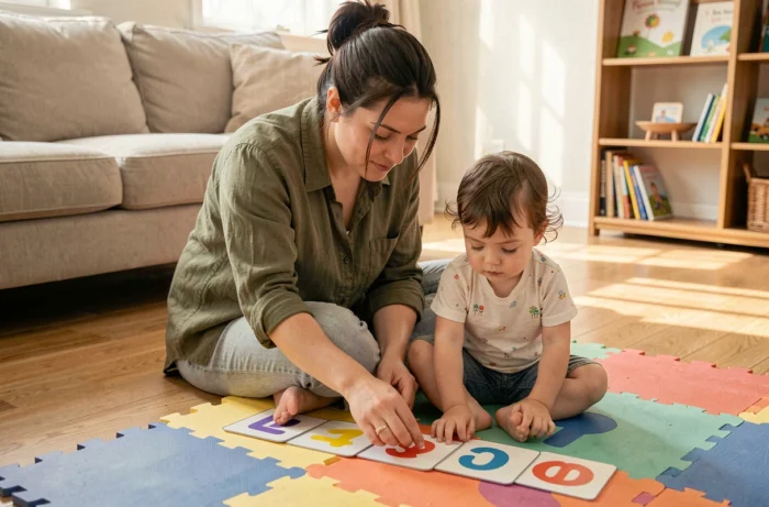 Mère guidant son enfant de 2-3 ans à reconnaître des chiffres sur des flashcards imprimées posées sur un tapis de jeu coloré