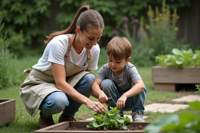 Mère et fils jardinent ensemble dans un potager familial, partageant un moment d'apprentissage et de complicité en plein air