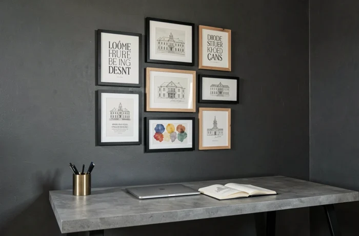 Mur galerie composé de neuf cadres mixtes au-dessus d'un bureau en béton dans un espace de travail à domicile moderne