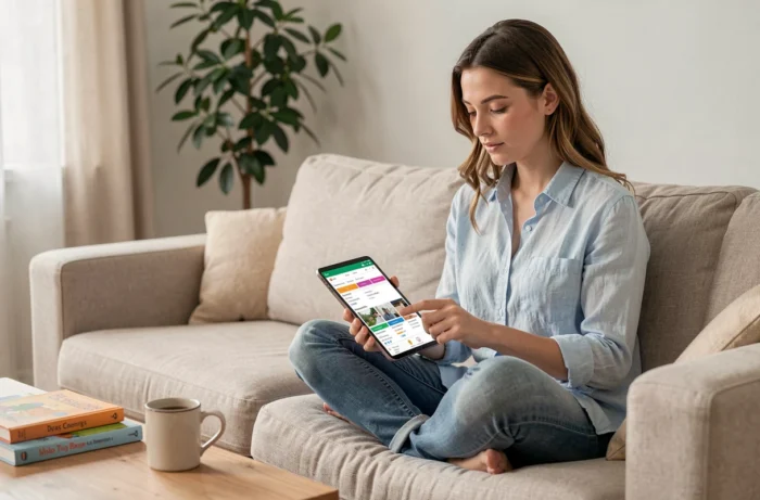Femme naviguant sur un site web d'index de ressources pour l'enfance depuis une tablette dans un salon chaleureux et décoré de livres pour enfants