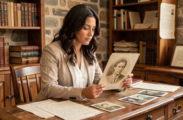 Femme consultant de vieilles photographies de famille et des lettres manuscrites dans une bibliothèque vintage, évoquant la recherche des origines et de l'histoire familiale d'Aurore Malval