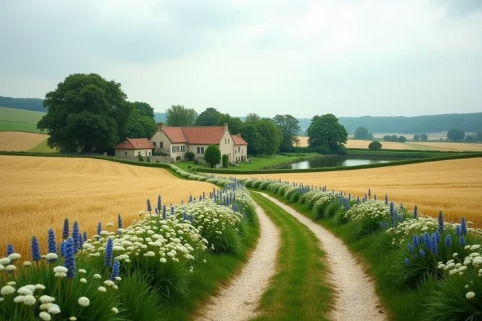 Paysage rural de Valbréon avec champs agricoles, chemin de campagne et fermes traditionnelles en Seine-et-Marne
