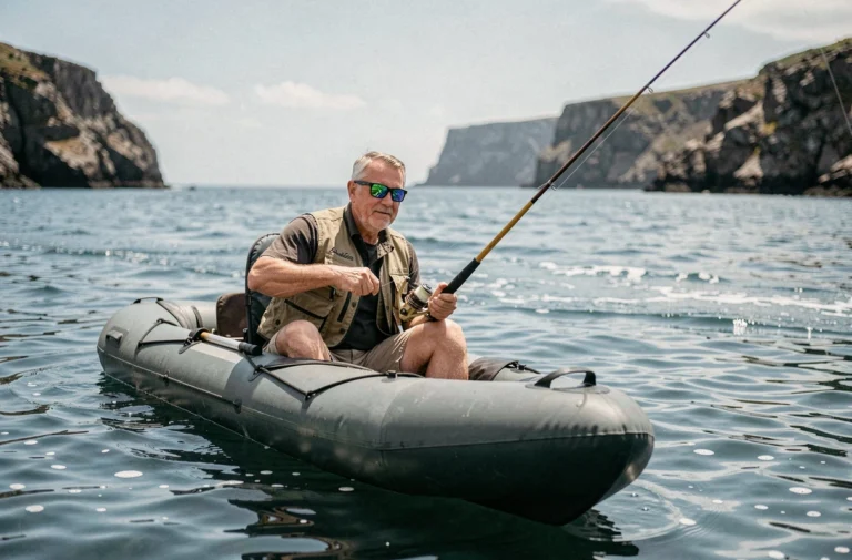 Pêcheur en canoë gonflable sur la mer côtière tenant une canne à pêche, équipé d'un gilet de pêche et lunettes polarisantes