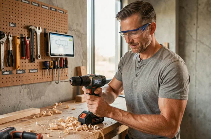 Homme utilisant une perceuse connectée avec affichage numérique dans un atelier de bricolage moderne équipé d'outils high-tech