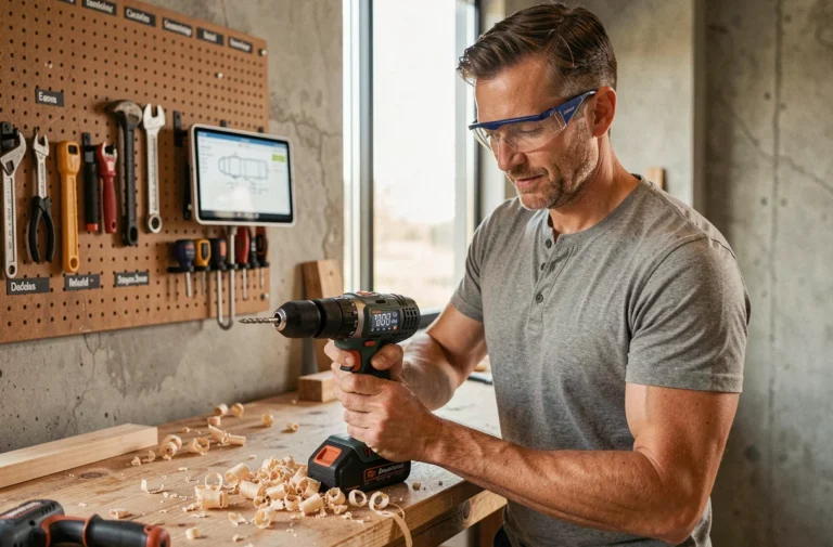 Homme utilisant une perceuse connectée avec affichage numérique dans un atelier de bricolage moderne équipé d'outils high-tech