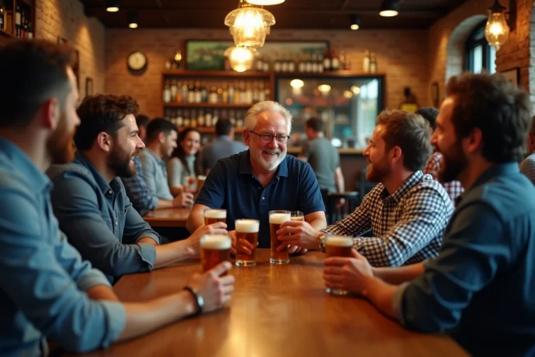 Un père intégré dans l'enterrement de vie de garçon de son fils, portant un toast avec les amis autour d'une table de pub en bois