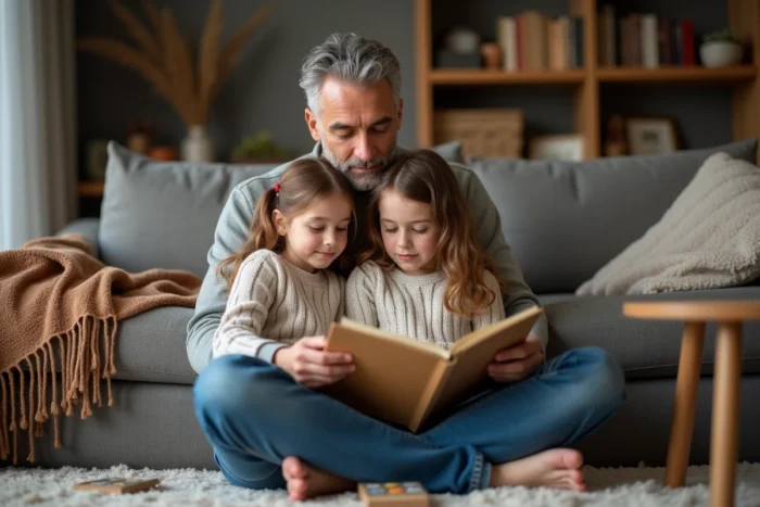 Père lisant une histoire à ses deux filles dans un salon familial confortable, illustrant un moment de partage et de bien-être en famille