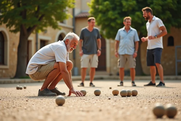 Groupe multigénérationnel jouant à la pétanque lors d'un enterrement de vie de garçon en Provence avec le père du marié