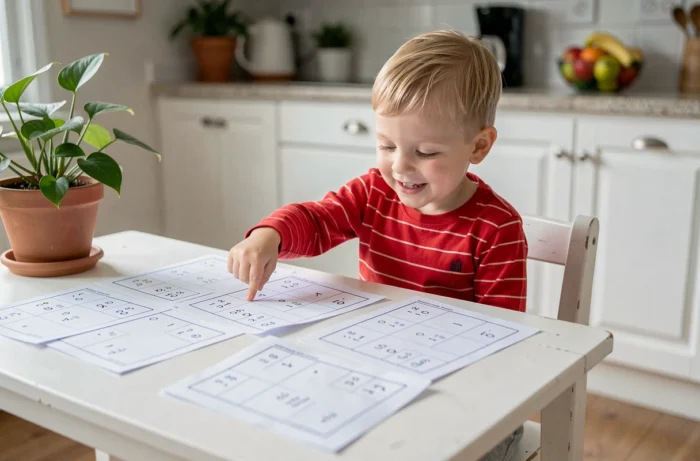 Petit garçon de 2-3 ans pointant des fiches d'activités à imprimer pour apprendre à compter, assis à une petite table en bois blanc