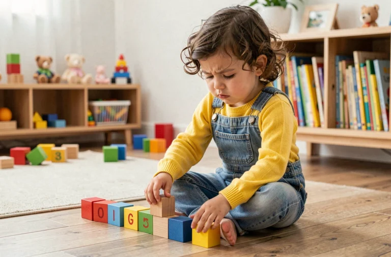 Petite fille de 2-3 ans apprenant à compter avec des cubes en bois colorés sur un plancher en bois dans une salle de jeux cosy