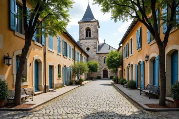Place centrale de la commune de Valbréon avec son église en pierre et ses façades traditionnelles en Seine-et-Marne