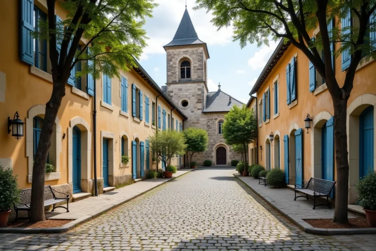 Place centrale de la commune de Valbréon avec son église en pierre et ses façades traditionnelles en Seine-et-Marne