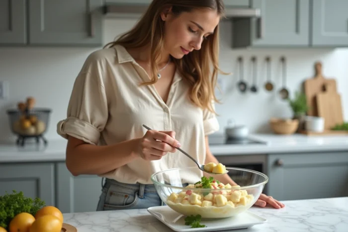 Femme pesant une portion de salade piémontaise sur une balance de cuisine pour contrôler les calories et surveiller son poids