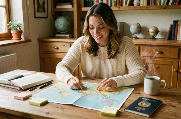 Femme planifiant un voyage autour du monde avec une carte, un passeport et un journal de voyage sur une table en bois