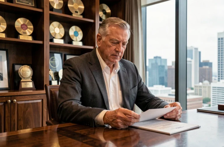 Producteur de musique discret assis à son bureau dans un bureau luxueux avec des disques d'or encadrés au mur
