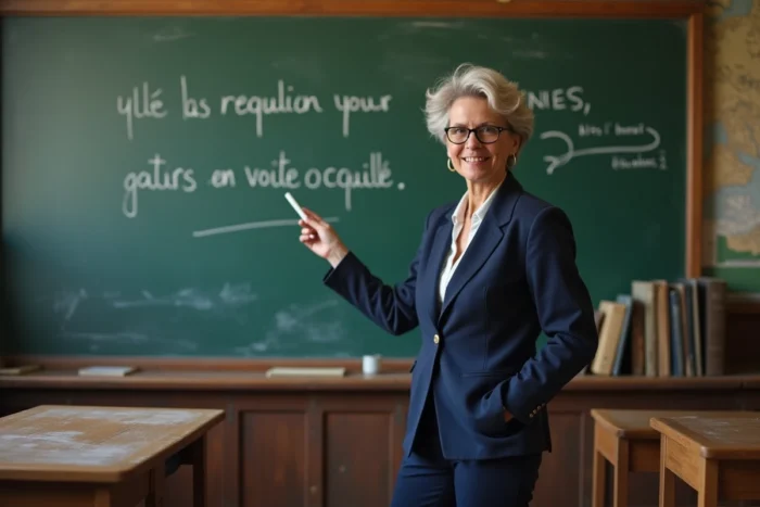 Professeure de français écrivant au tableau noir dans une salle de classe, illustrant une leçon d'orthographe sur 'à tout à l'heure'