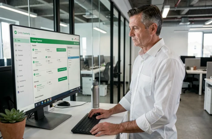 Professionnel vérifiant la sécurité d'un téléchargement de fichier sur un grand écran dans un bureau moderne