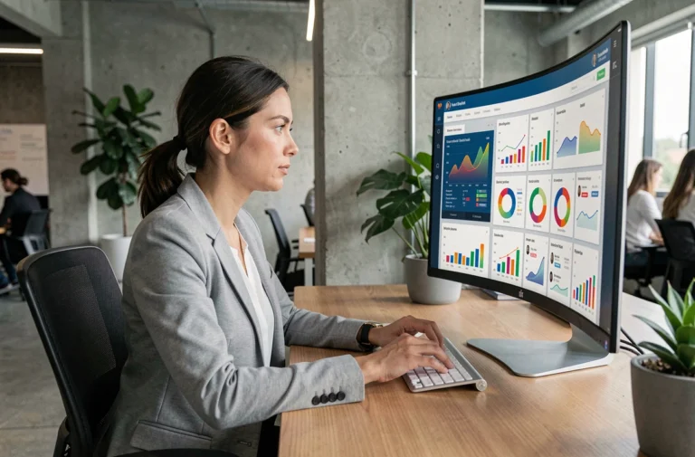 Professionnelle analysant les tendances web et les statistiques de présence en ligne sur un écran incurvé dans un bureau moderne