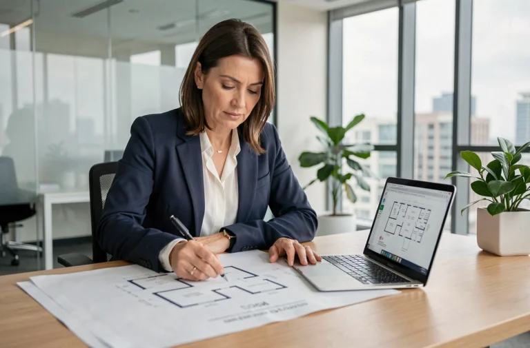 Professionnelle de l'immobilier analysant des plans architecturaux dans un bureau moderne pour optimiser un projet immobilier