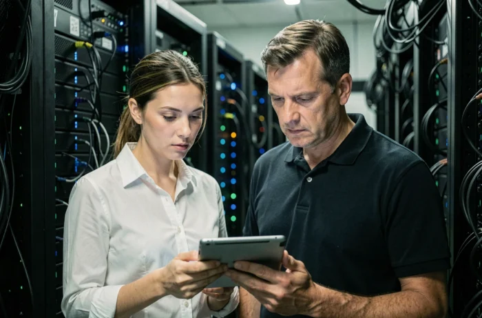 Deux professionnels de l'informatique analysant des données de sécurité sur une tablette dans une salle de serveurs, symbolisant la gestion proactive de la cybersécurité en entreprise