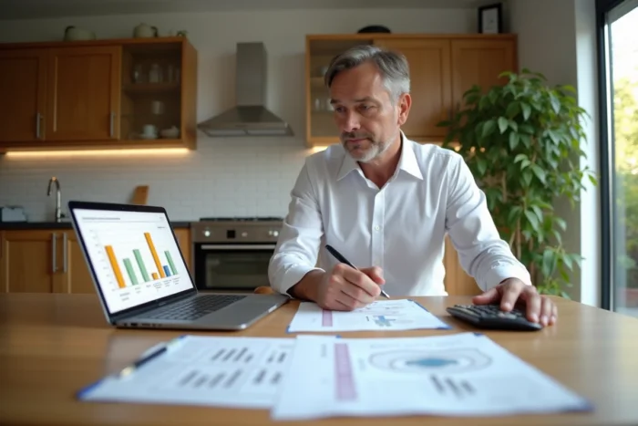 Propriétaire analysant des documents immobiliers et une estimation de prix pour décider du bon moment pour revendre sa maison