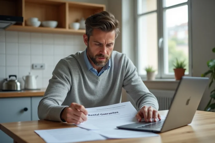 Propriétaire bailleur étudiant des documents de garantie locative à la table de cuisine, illustrant la gestion simplifiée avec Locamoi