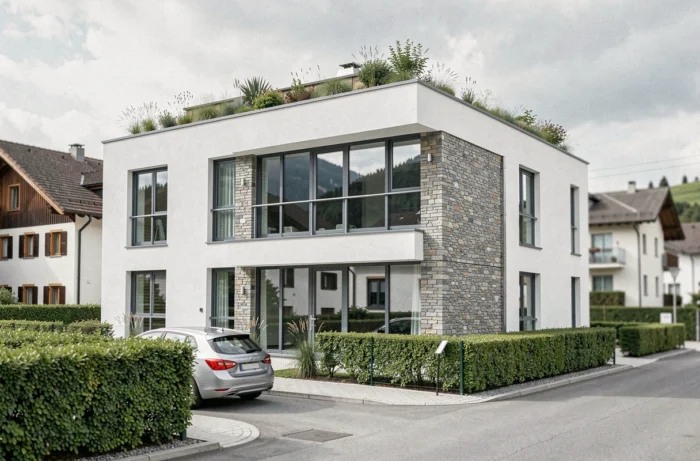 Immeuble résidentiel moderne achevé par une entreprise de construction suisse avec façade blanche et toiture végétalisée