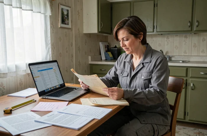 Femme consultant des documents et un ordinateur pour identifier l'année de construction d'un mobil home