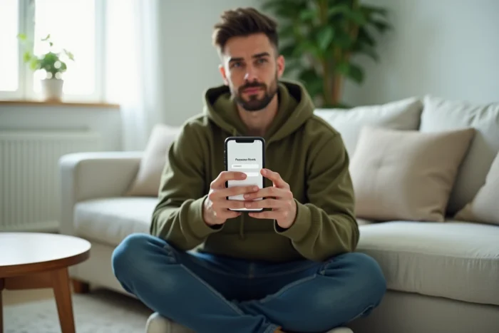 Personne réinitialisant le mot de passe de sa messagerie Laposte depuis un smartphone sur un canapé