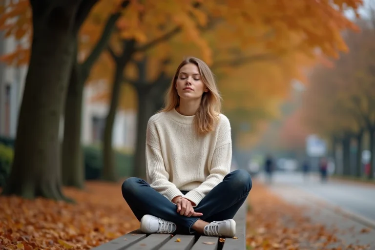 Femme adulte méditant paisiblement dans un parc en automne, illustrant la résilience émotionnelle et le bien-être mental