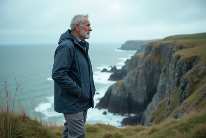 Homme d'âge mûr face à l'océan sur une falaise rocheuse, symbolisant la force intérieure et la résilience humaine face à l'adversité