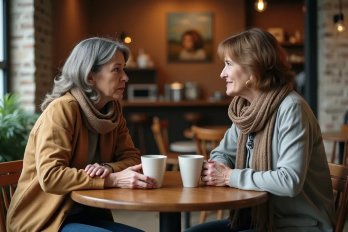 Deux femmes en discussion bienveillante dans un café, illustrant le soutien social comme facteur clé de résilience et de bien-être psychologique