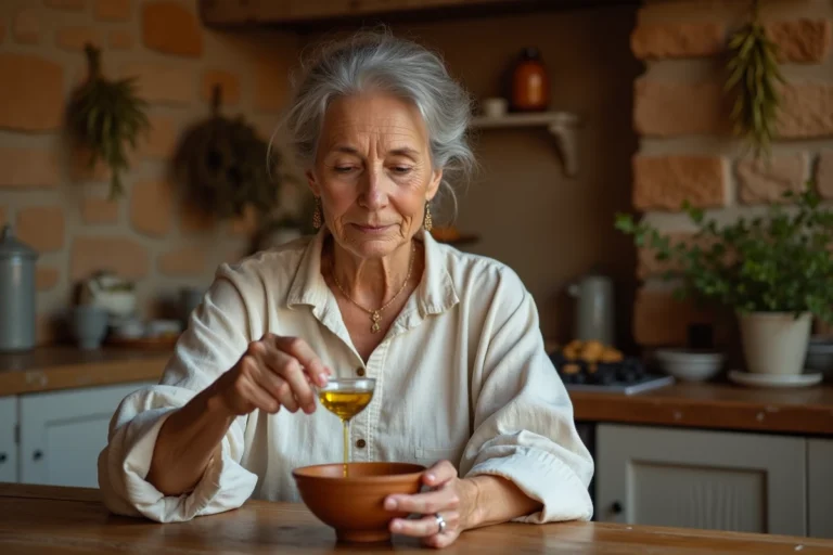 Femme méditerranéenne effectuant un rituel traditionnel contre le mauvais œil avec de l'huile d'olive dans une cuisine rustique