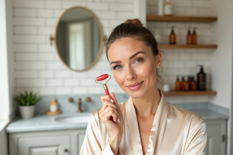Femme aux soins naturels appliquant un rouleau en quartz rose sur son visage dans une salle de bain parisienne élégante