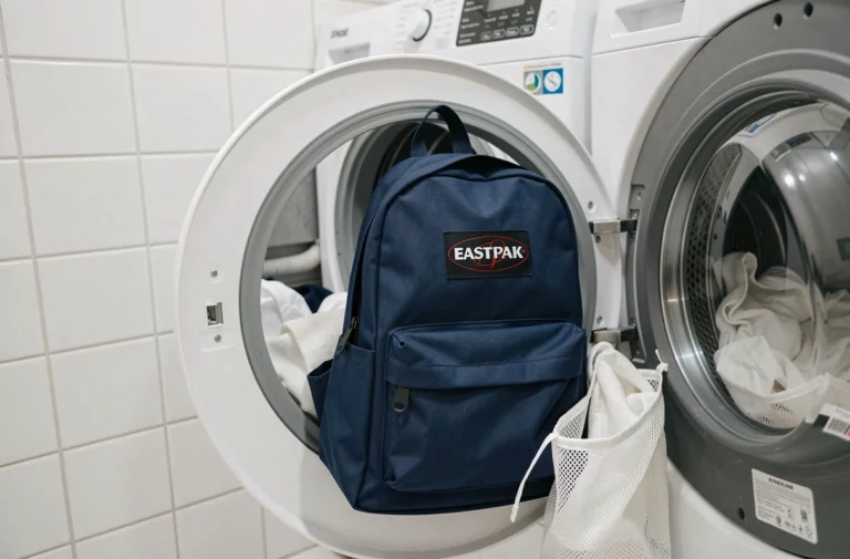 Sac à dos Eastpak bleu marine placé dans le tambour d'une machine à laver pour un lavage en douceur