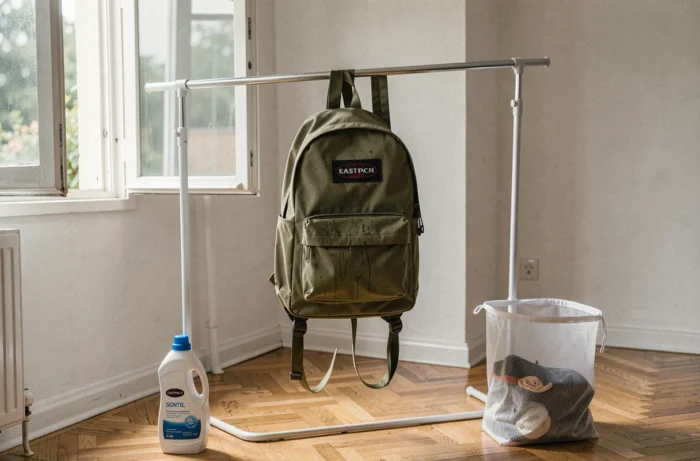 Sac Eastpak vert olive suspendu à l'envers sur un séchoir après lavage en machine, en train de sécher naturellement