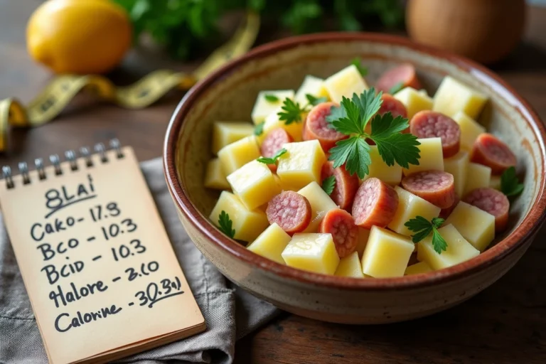 Bol de salade piémontaise avec calories notées sur un carnet, illustrant l'impact nutritionnel de ce plat sur le poids
