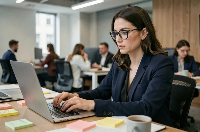 Femme professionnelle en blazer marine tapant sur un ordinateur portable dans un bureau moderne, illustrant les bonnes pratiques de sécurité informatique au travail